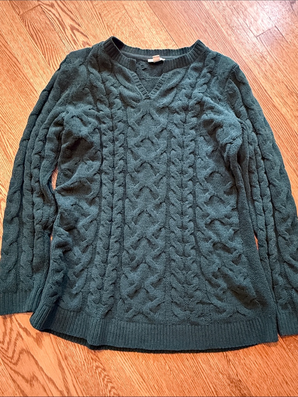 J. Jill Dark Green Cable-Knit V-Neck Sweater